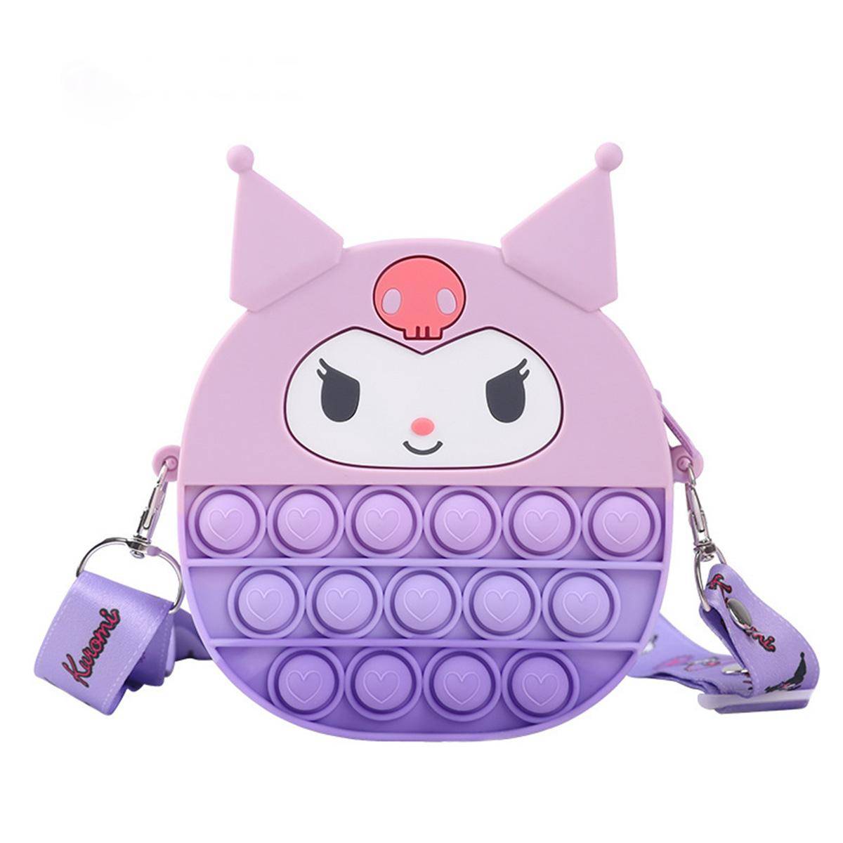 Kuromi-themed Sanrio Characters Pop It Bag with Strap in purple, featuring a fun bubble-popping design. A stylish and functional fidget toy accessory.